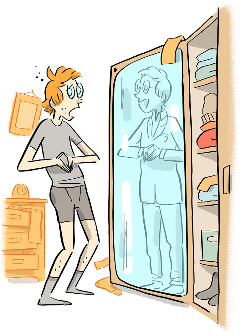 Préparation à l’oral : comment s’entraîner face à un miroir ?, Phosphore n° 577. © Illustration : Jérôme Sié.