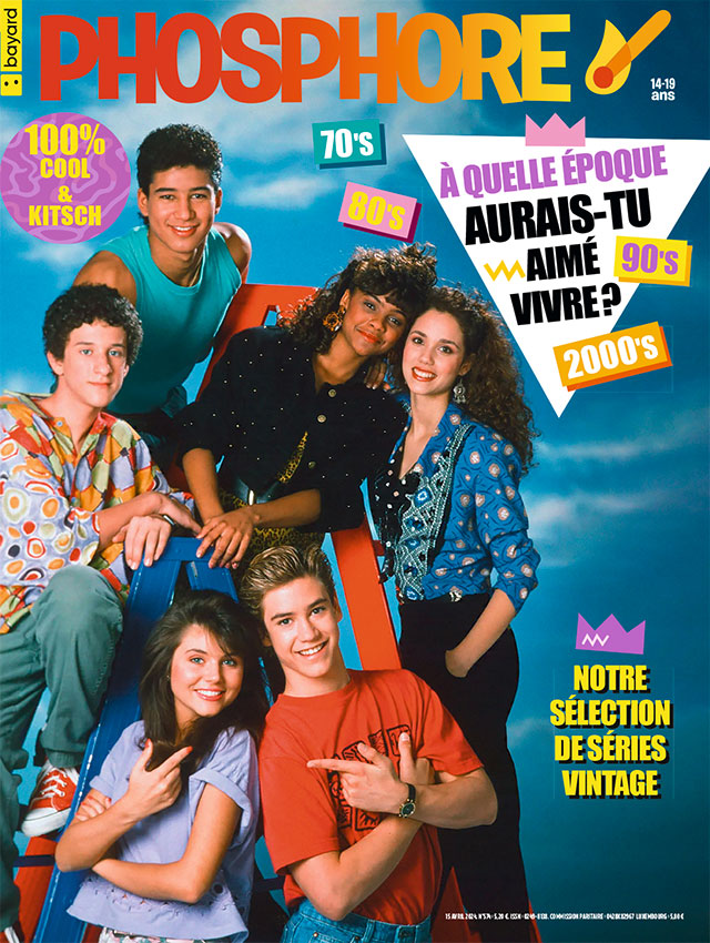 Couverture du magazine Phosphore n°574, 15 avril 2024. 70's, 80's, 90's, 2000's : à quelle époque aurais-tu aimé vivre ? Notre sélection de séries vintage.