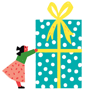 “Cadeaux de Noël : trouver la juste mesure”, supplément pour les parents du magazine Popi n°412, décembre 2020. Texte : Christine Lamiable. Illustrations : Liuna Virardi.