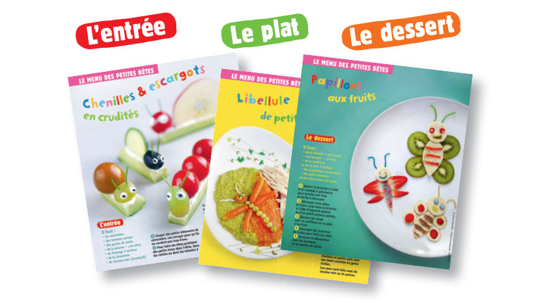 “Le menu des petites bêtes”, supplément pour les parents du magazine Popi de juillet 2017 – Conception, réalisation et photos : Raphaële Vidaling.