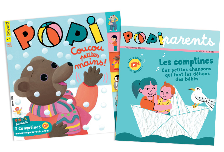 Couverture du magazine Popi n°449, janvier 2024 - Coucou les petites mains ! - Supplément pour les parents : “Les comptines”.