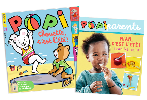 Couverture du magazine Popi n°444, août 2023 - Chouette, c'est l'été ! - Supplément pour les parents : “Miam, c'est l'été ! 3 recettes faciles