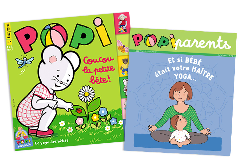 Couverture du magazine Popi n°453, juin 2024 - Coucou la petite bête ! - Supplément pour les parents : Et si Bébé était votre maître yoga…