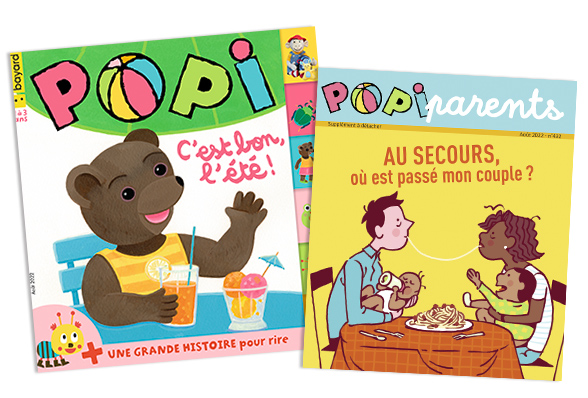 Couverture du magazine Popi n°432, août 2022, et son supplément pour les parents : “Au secours, où est passé notre couple ?”
