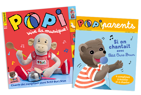 Couverture du magazine Popi n°442, juin 2023 - Vive la musique ! - 4 comptines à écouter et à chanter avec Petit Ours Brun