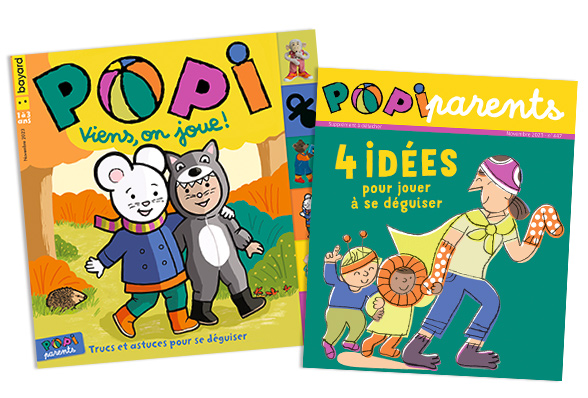 Couverture du magazine Popi n°447, novembre 2023 - Viens, on joue ! Supplément pour les parents : “4 idées pour jouer à se déguiser”