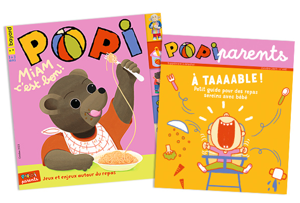 Couverture du magazine Popi n°446, octobre 2023 - Miam ! C'est bon ! Supplément pour les parents : “À table ! Petit guide pour des repas sereins avec bébé”