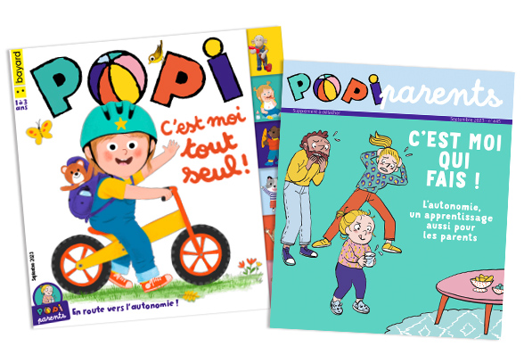 Couverture du magazine Popi n°445, septembre 2023 - C'est moi tout seul - Supplément pour les parents : “C'est moi qui fais ! L'autonomie, un apprentissage aussi pour les parents