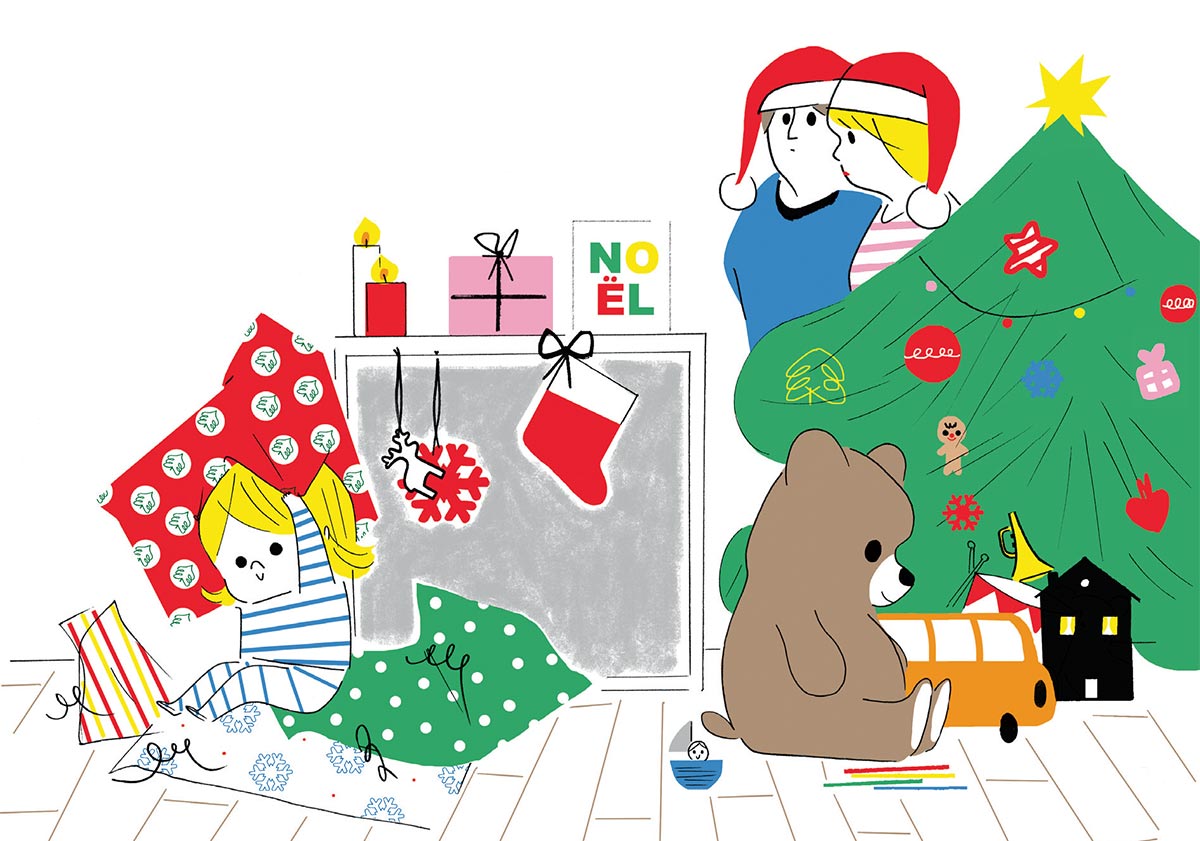 “L’empreinte des premiers Noëls sur un tout-petit”, supplément pour les parents du magazine Popi n° 388, décembre 2018. Texte : Anne Bideault. Illustrations : Sophie Bouxom. “L’empreinte des premiers Noëls sur un tout-petit”, supplément pour les parents du magazine Popi n° 388, décembre 2018. Texte : Anne Bideault. Illustrations : Sophie Bouxom.