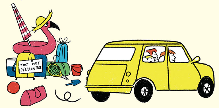 “Voyager léger : mission (im)possible ?”, supplément pour les parents du magazine Popi n°407, juillet 2020. Illustration : Aki.