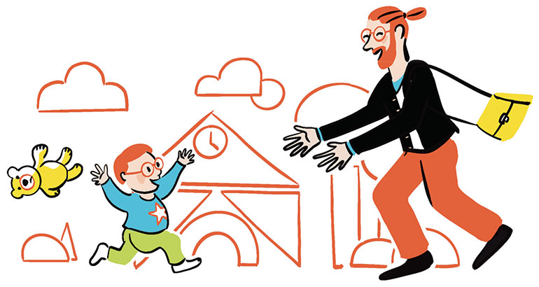 “À la crèche, chez la nounou… comment lui dire au revoir ?”, supplément pour les parents du magazine Popi n°409, septembre 2020. Illustration : Claire Le Meil. 