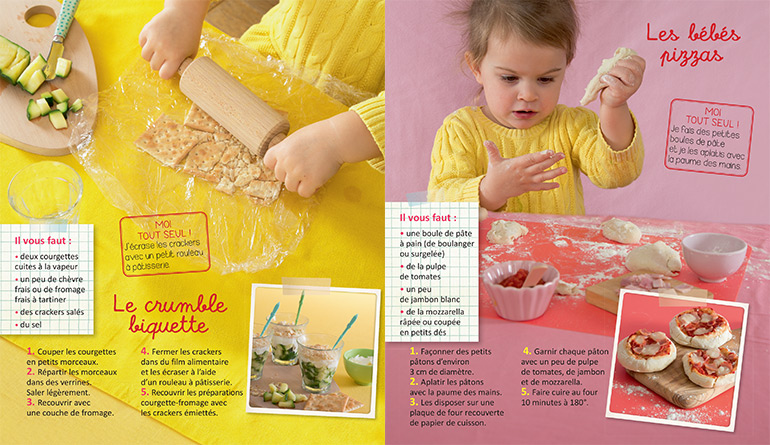 Recettes à faire avec votre tout-petit : le crumble biquette et les bébés pizzas. Supplément pour les parents du magazine Popi n°429, mai 2022. Photos : Isabelle Franciosa.