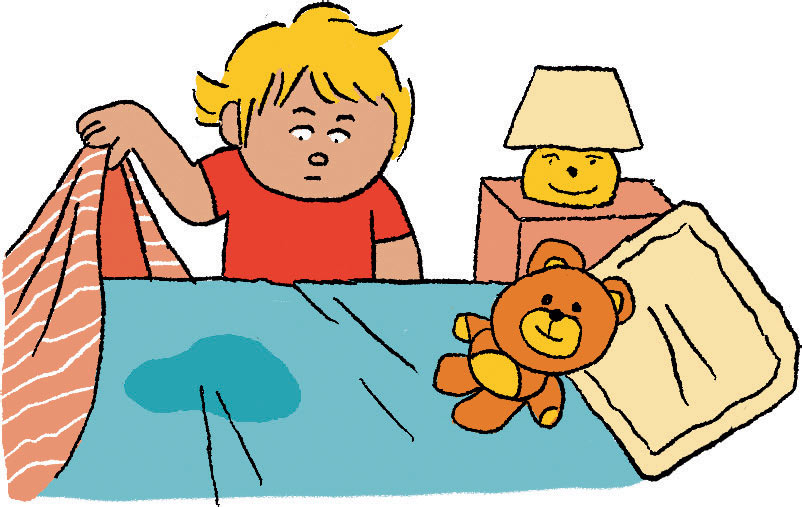 On ne parle pas d’énurésie avant l’âge de 5 ans, donc pas d'inquiétude avant cet âge-là. Pipi, caca, ne tournons pas autour du pot !, supplément pour les parents du magazine Popi n°441, mai 2023. Illustration : Jean-François Biguet.