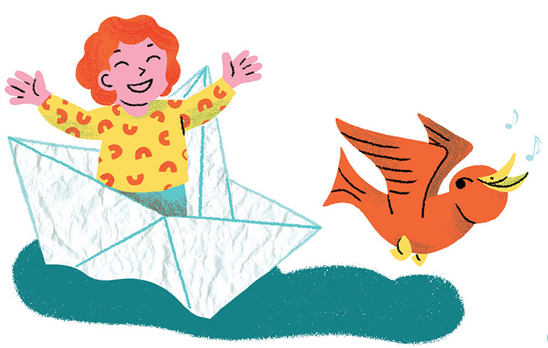 Comptine : Bateau sur l'eau. Les comptines, ces petites chansons qui font les délices des bébés, extrait du supplément pour les parents du magazine Popi n°449, janvier 2024. Illustration : Claire Perret.