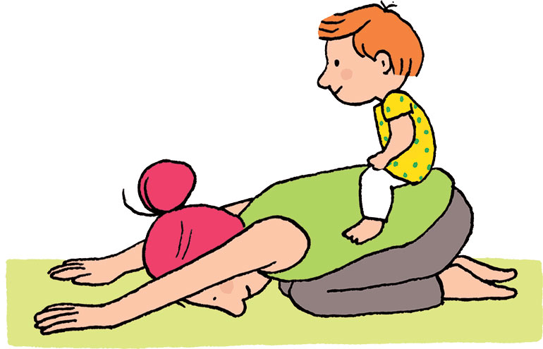 Yoga avec bébé : posture du chat. Illustration : Vérane Cottin, Popi n°454, juin 2024.