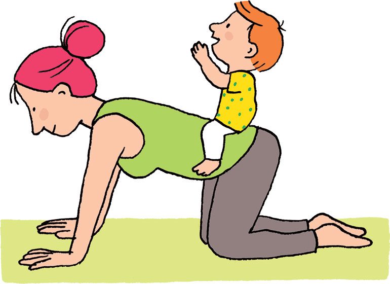 Yoga avec bébé : posture du chat. Illustration : Vérane Cottin, Popi n°454, juin 2024.