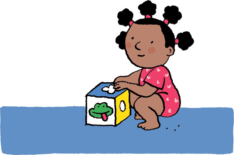 Yoga avec bébé : posture de la grenouille. Illustration : Vérane Cottin, Popi n°454, juin 2024.