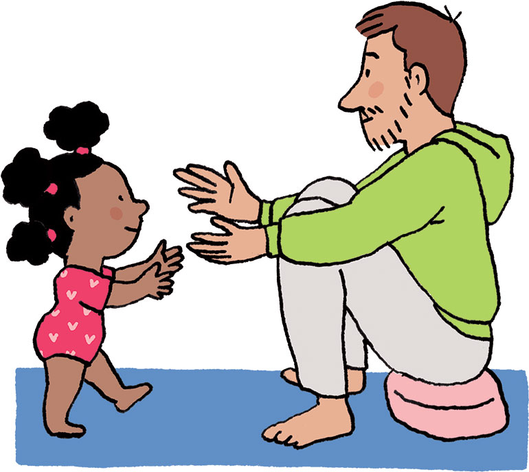 Yoga avec bébé : posture de la grenouille. Illustration : Vérane Cottin, Popi n°454, juin 2024.