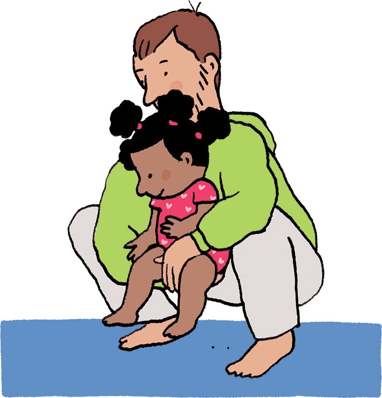 Yoga avec bébé : posture de la grenouille. Illustration : Vérane Cottin, Popi n°454, juin 2024.