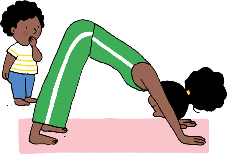 Yoga avec bébé : posture de l'ours. Illustration : Vérane Cottin, Popi n°454, juin 2024.