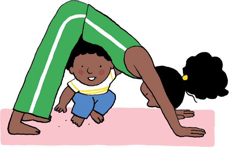 Yoga avec bébé : posture de l'ours. Illustration : Vérane Cottin, Popi n°454, juin 2024.