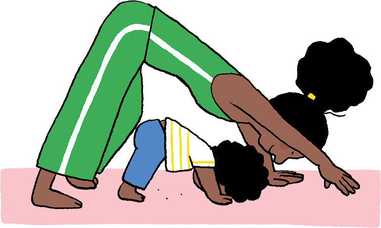 Yoga avec bébé : posture de l'ours. Illustration : Vérane Cottin, Popi n°454, juin 2024.