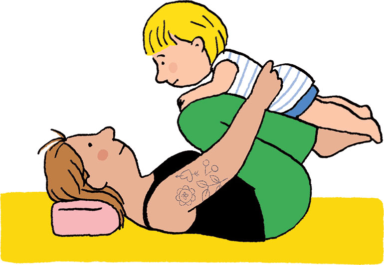 Yoga avec bébé : posture du singe. Illustration : Vérane Cottin, Popi n°454, juin 2024.