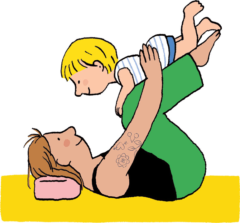 Yoga avec bébé : posture du singe. Illustration : Vérane Cottin, Popi n°454, juin 2024.