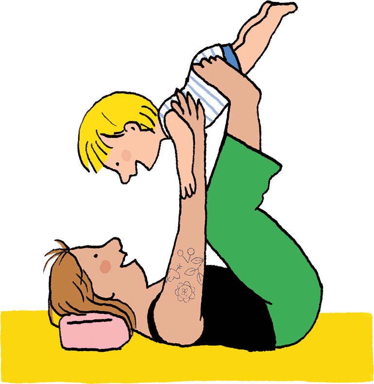 Yoga avec bébé : posture du singe. Illustration : Vérane Cottin, Popi n°454, juin 2024.