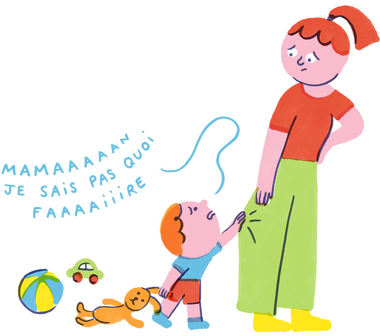 Quand l'enfant s'ennuie, le parent peut être submergé par un maelström de sentiments : anxiété, culpabilité… L’ennui, c’est bien aussi !, supplément pour les parents du magazine Popi n° 456, août 2024. Illustration : Julie Escoriza.