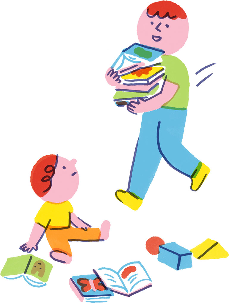 On peut avoir la tentation de surstimuler les enfants à coup de hochets, de livres, jeux d’éveil… L’ennui, c’est bien aussi !, supplément pour les parents du magazine Popi n° 456, août 2024. Illustration : Julie Escoriza.