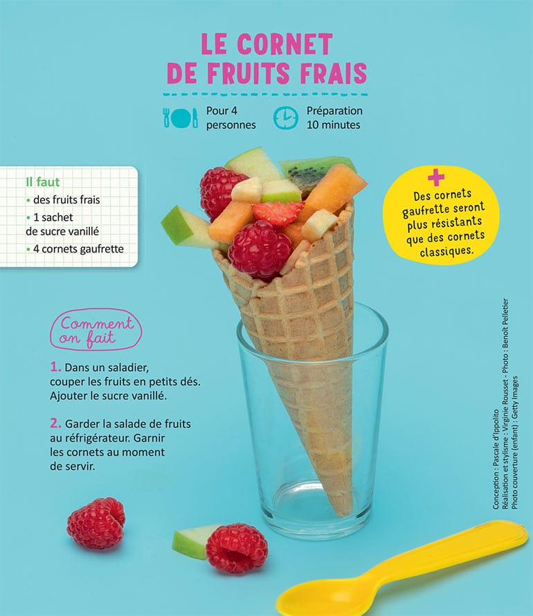 Le cornet de fruits frais, extrait de l'article Miam, c'est l'été ! 3 recettes faciles, supplément pour les parents du magazine Popi n°444, août 2023. Photo : Benoît Pelletier.