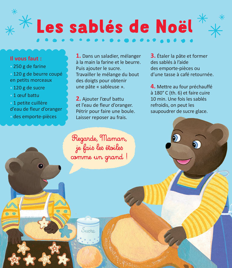Préparez Noël avec Petit Ours Brun et sa recette de sablés, supplément pour les parents du magazine Popi n°436, décembre 2022. Illustrations : Danièle, Laura et Martin Bour.