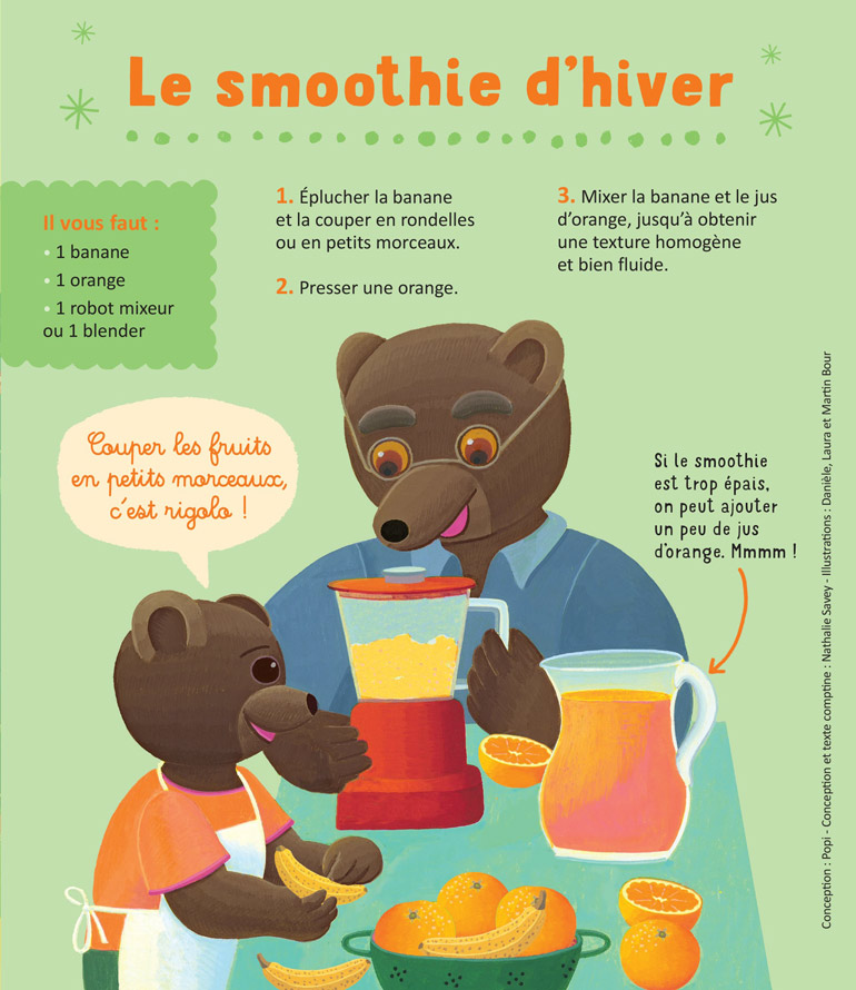 Préparez Noël avec Petit Ours Brun et sa recette de smoothie d'hiver, supplément pour les parents du magazine Popi n°436, décembre 2022. Illustrations : Danièle, Laura et Martin Bour.