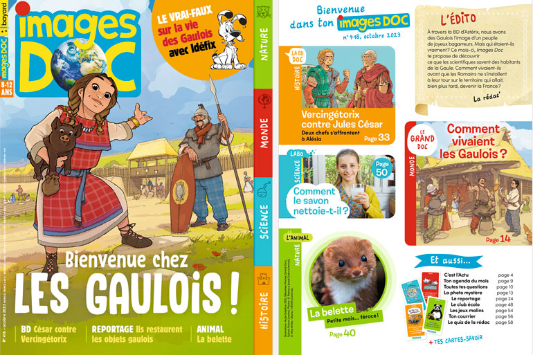 Couverture et sommaire du magazine Images Doc n°418, octobre 2023 - Bienvenue chez les Gaulois ! BD : César contre Vercingétorix - Reportage : ils restaurent les objets gaulois - Animal : la belette - Le vrai-faux sur la vie des Gaulois avec Idéfix.