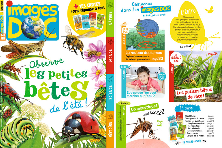 Couverture et sommaire du magazine Images Doc n°415, juillet 2023 - Observe les petites bêtes de l'été !
