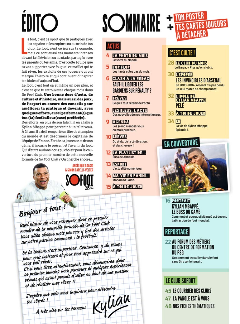 Sommaire de “So Foot Club”, le magazine ludique, drôle et intelligent pour les ados fans de football ! Numéro de juin 2023. Comment Mbappé est arrivé au top.
