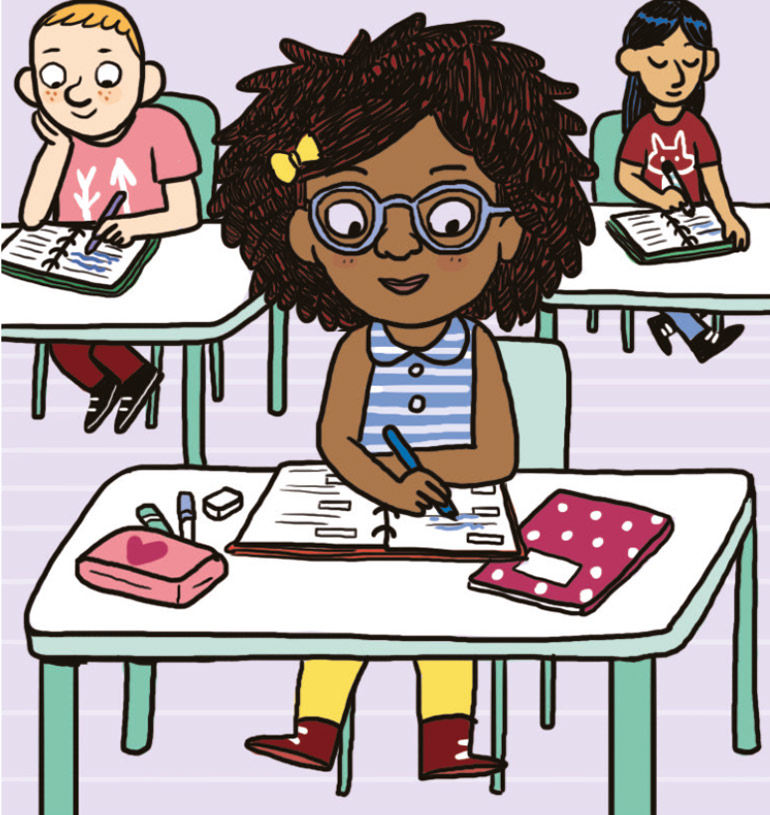 “À quoi ça sert d'écrire ?” Youpi n°348 - Écrire, ça aide à s'organiser… en écrivant, par exemple, les devoirs à faire pour le lendemain sans rien oublier. Illustration : Aurélie Grand.