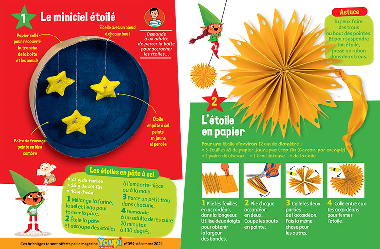 © Illustrations&nbsp;: Alice Turquois. Photo&nbsp;: Patrice Églin. Le miniciel étoilé et l'étoile en papier. Youpi, n°399, décembre 2021.