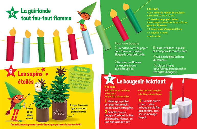 © Illustrations : Alice Turquois. Photo : Patrice Églin. La guirlande tout feu-tout flamme, les sapins étoilés et le bougeoir éclatant. Youpi, n°399, décembre 2021.