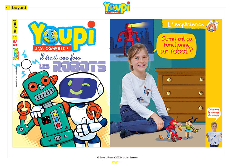 “Comment ça fonctionne un robot ?” Youpi n°409, octobre 2022. Photo : Rebecca Josset. Illustration : Rémi Saillard.
