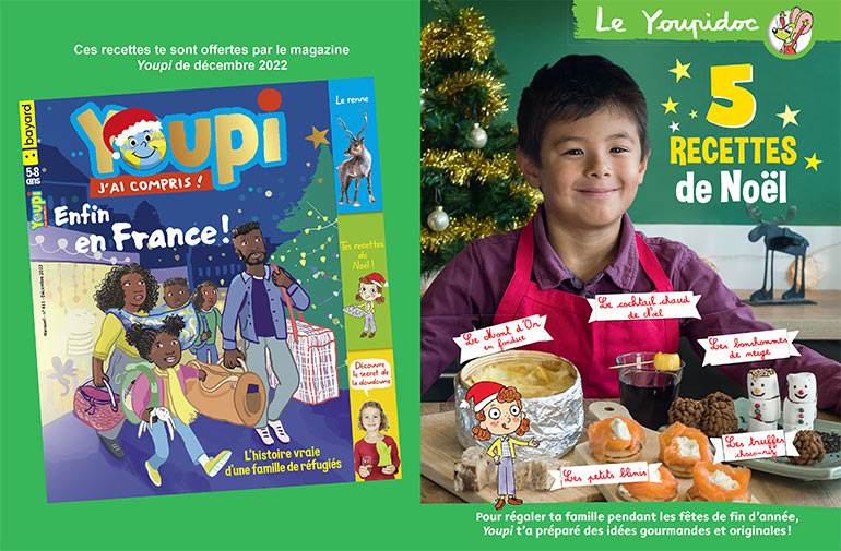 5 recettes de Noël, Youpi n°411, décembre 2022. Photo : Patrice Églin. Illustrations : Candela Ferrández.