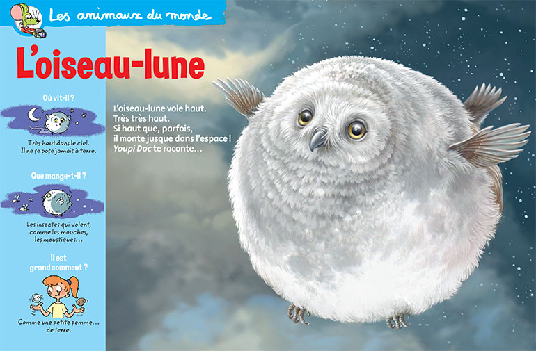 L’oiseau-lune, Youpi Doc n°427, avril 2024. Illustration : Caroline Picard.