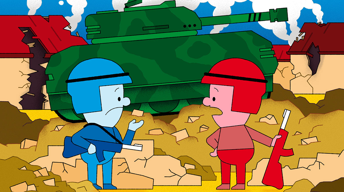 Illustration : Matthias Malingrëy. Pourquoi les humains font-ils la guerre ?, magazine Youpi Doc, n°429, juin 2024.