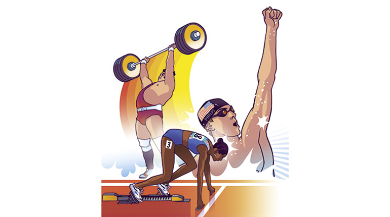 Vassili Alexeiev, Marie-José Pérec, Michael Phelps. Nos héros des JO, article extrait du magazine Okapi n°1204 du 1er août 2024. Illustration : Guillaume Decaux.