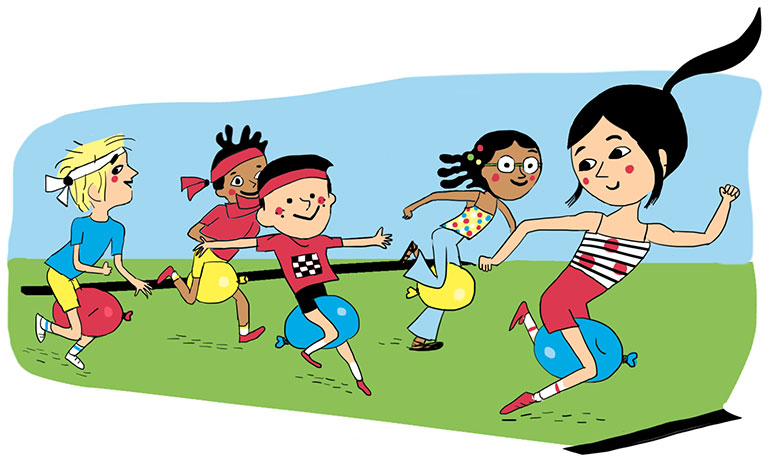 “Les Olympiades de la rigolade”, Astrapi n°951, 1er juillet 2020. Conception et texte : Rémi Chaurand. Illustrations : Line Hachem.