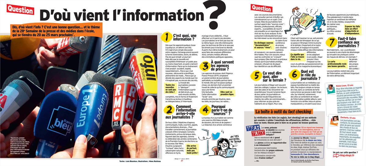 D'où vient l'information ? - Okapi, 1er mars 2017. Textes : Lola Blassieux, illustrations : Manu Boisteau.