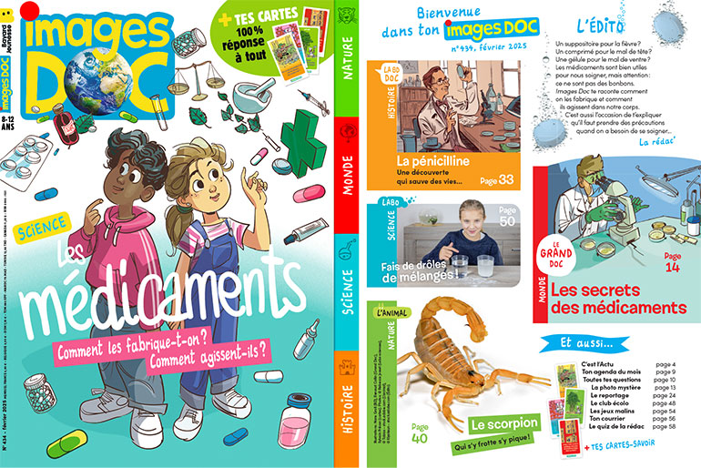 Couverture et sommaire du magazine Images Doc n°434, février 2025 - Les médicaments : comment les fabrique-t-on ? Comment agissent-ils ?
