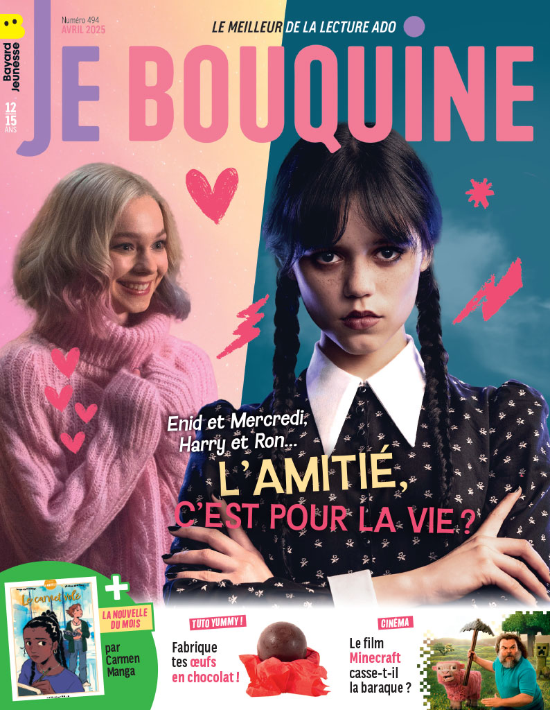 Couverture du magazine Je bouquine n° 494, avril 2025. Enid et Mercredi, Harry et Ron… L'amitié, c'est pour la vie ?