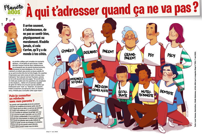 © Illustration : Élodie Duhameau. ”À qui t’adresser quand ça ne va pas ?”, article extrait du magazine Okapi n°1155, 1er mai 2022.